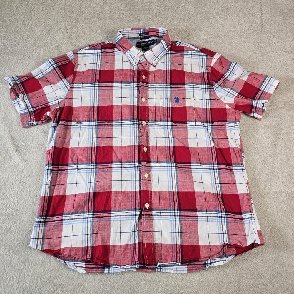 US Polo Assn Shirt Mens 2XL Red White Blue Plaid Stretch Button Down Casual